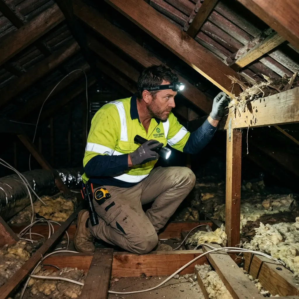 Technician inspecting a roof cavity for a dead animal in Cocoroc