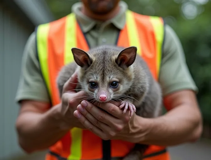 Animal handler safely recovering a deceased possum in Cocoroc