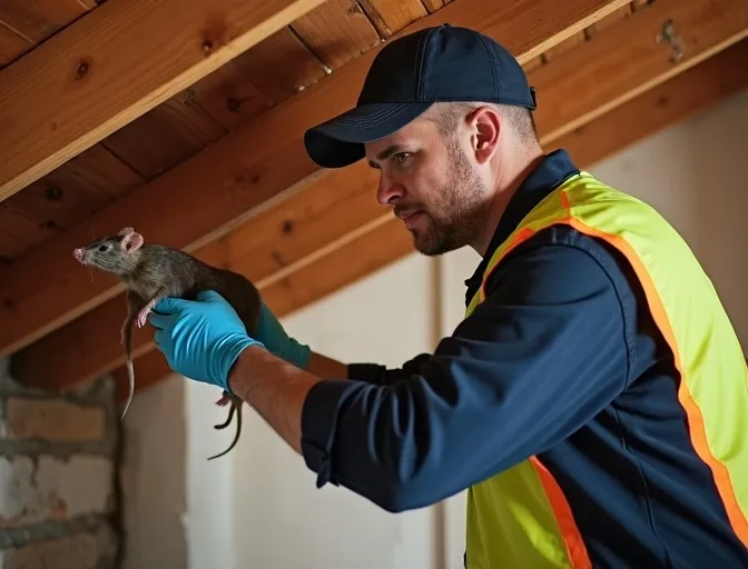 Technician inspecting a roof cavity for a dead rat in Cocoroc